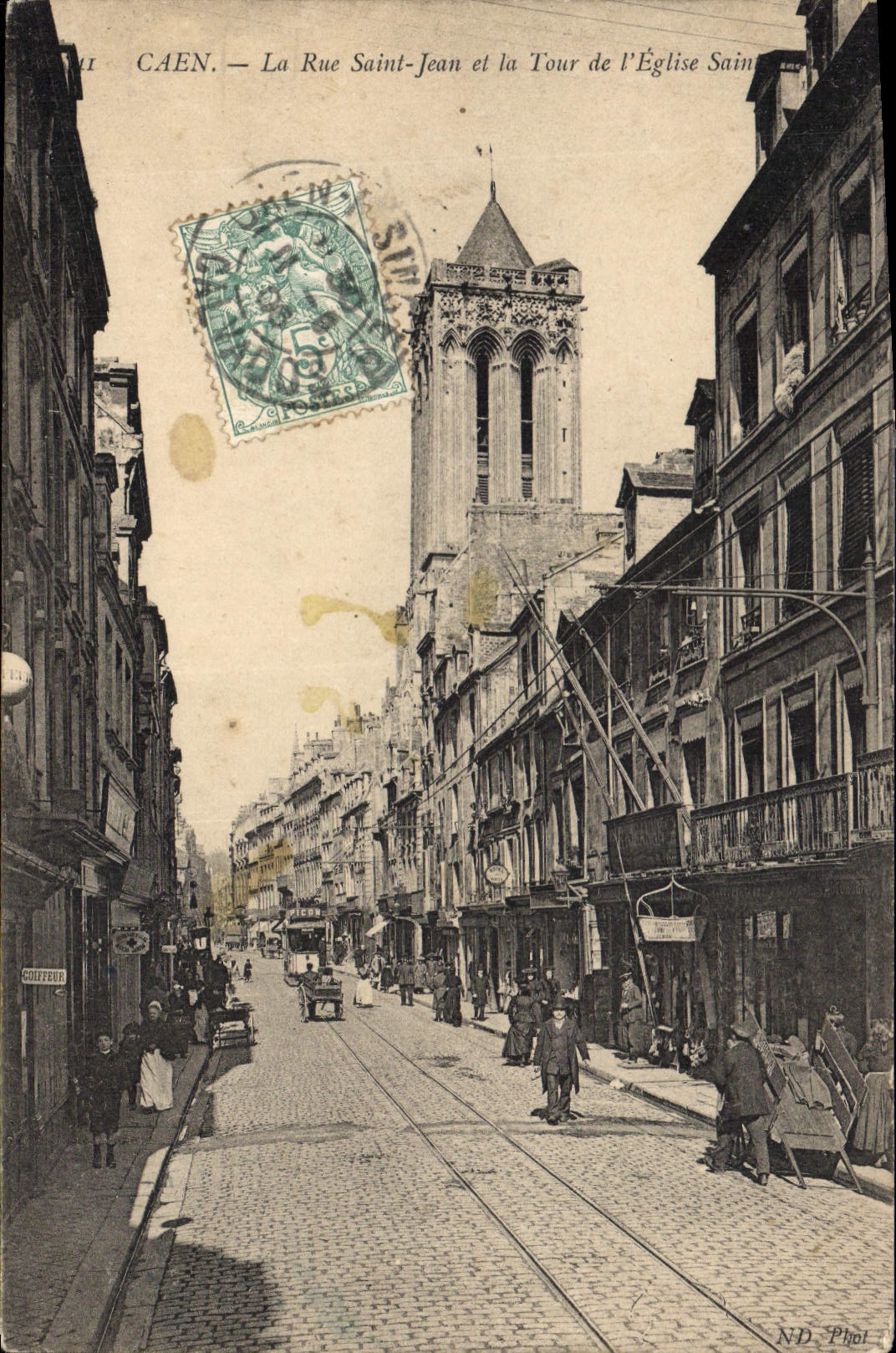 VINTAGE POSTCARD Caen the Street Holy Jean and the Tower of the Church