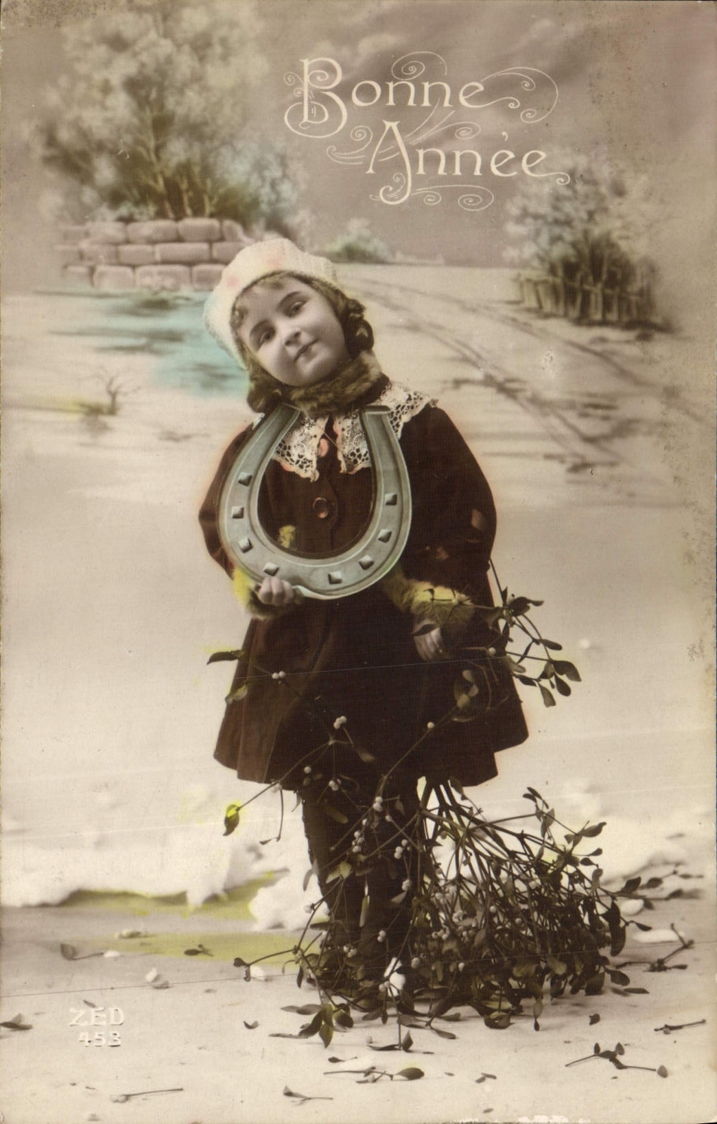 VINTAGE POSTCARD Happy New Year Child Horseshoe