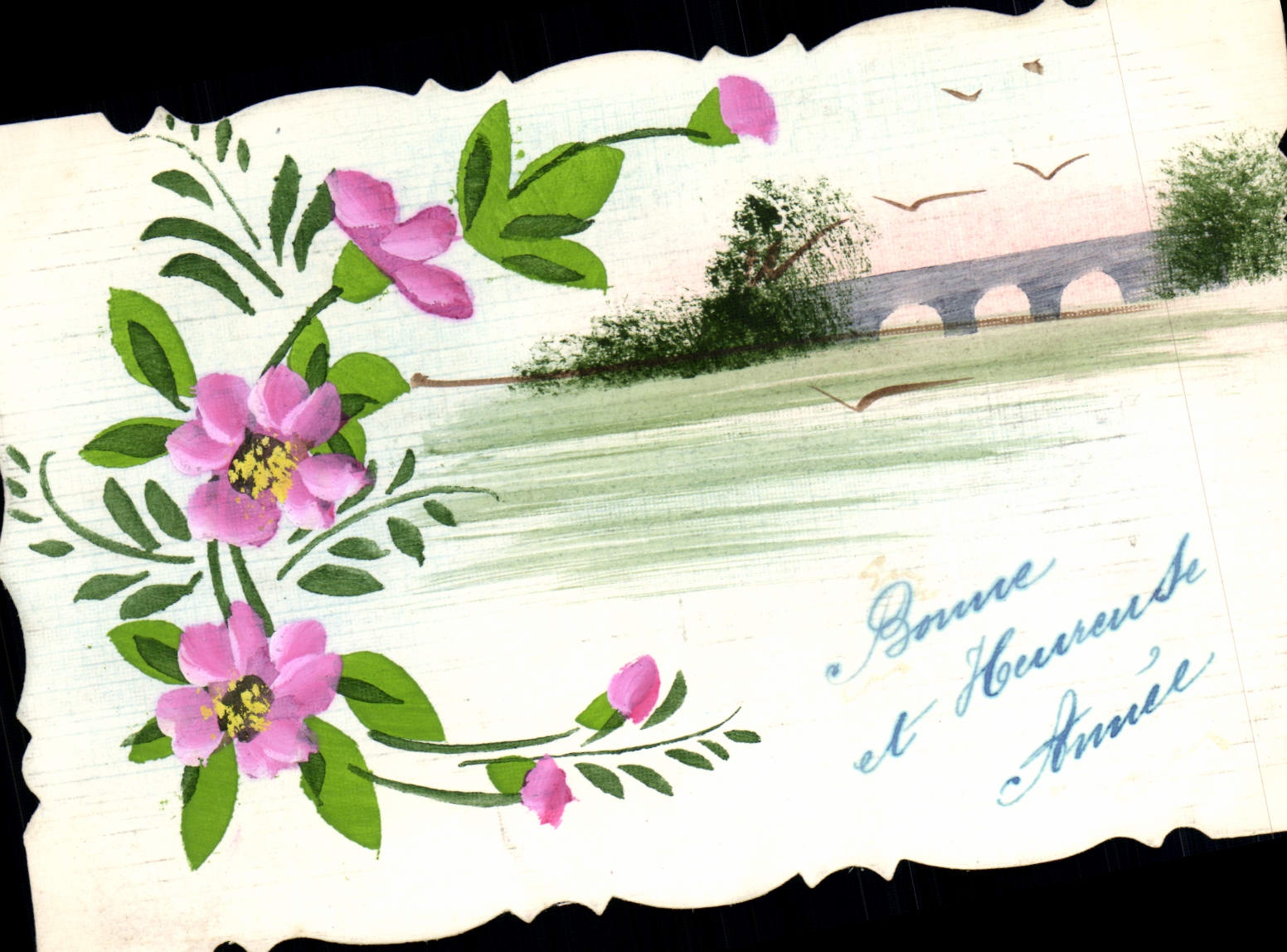 VINTAGE POSTCARD Happy New Year Flowers (drawing with the hand)