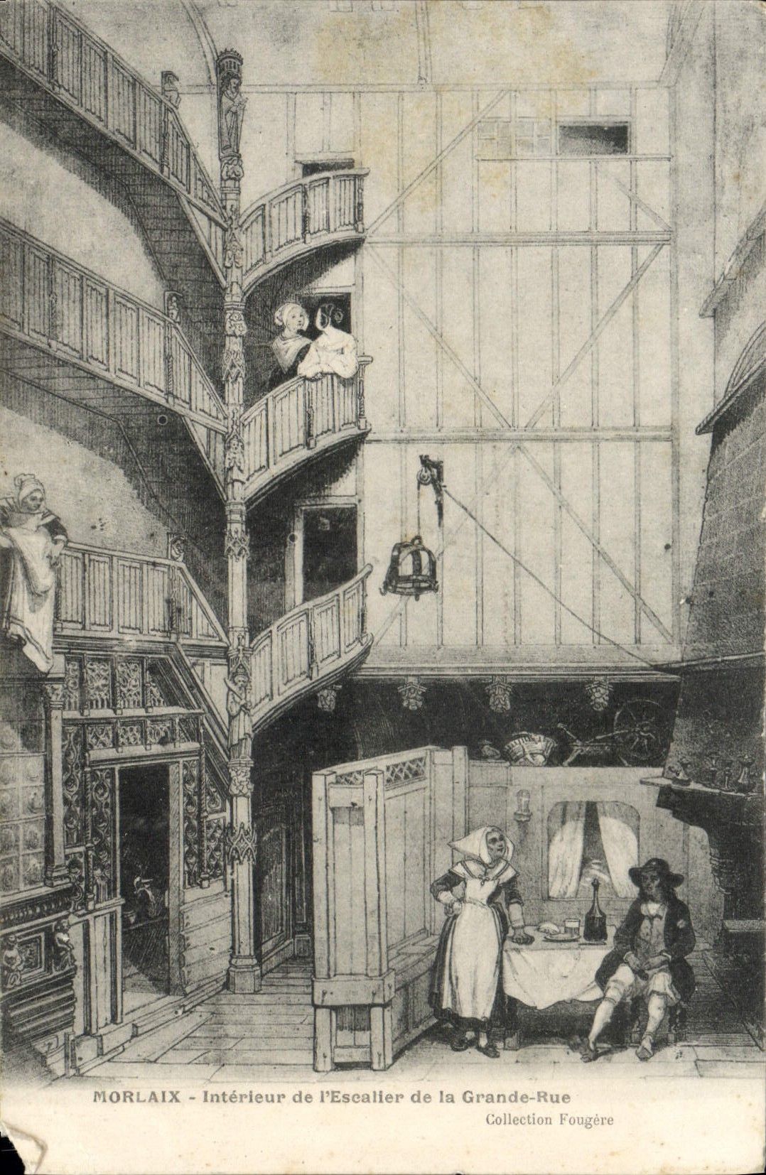 POSTAL Morlaix interior de la VENDIMIA de la escalera de la calle principal