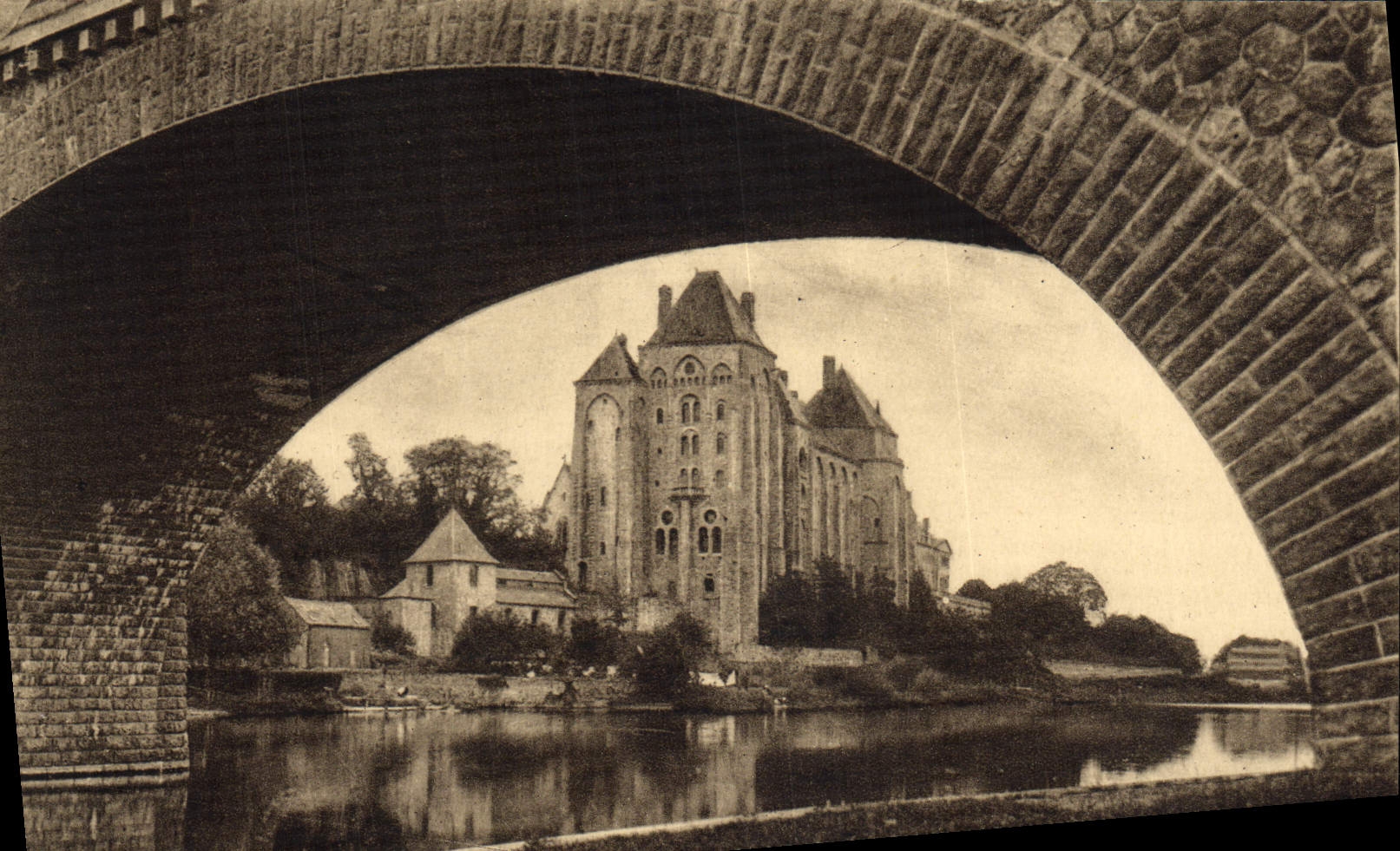 VINTAGE POSTCARD the Abbey St Pierre de Solesmes Seen Under the Bridge