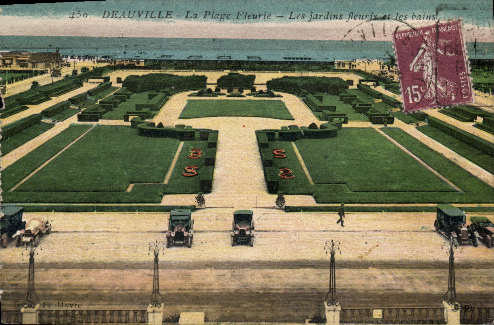 La POSTAL Deauville de la VENDIMIA la playa florecida floreció los jardines y el casino