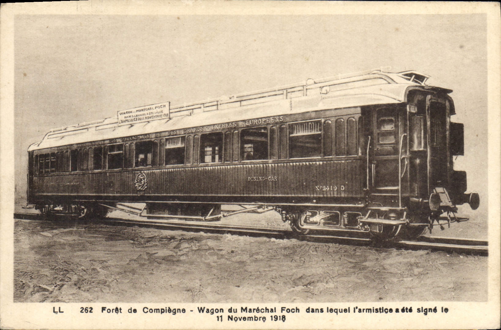 Taladro de la POSTAL de la VENDIMIA del coche de Compiegne del armisticio de Foch Militaria del mariscal