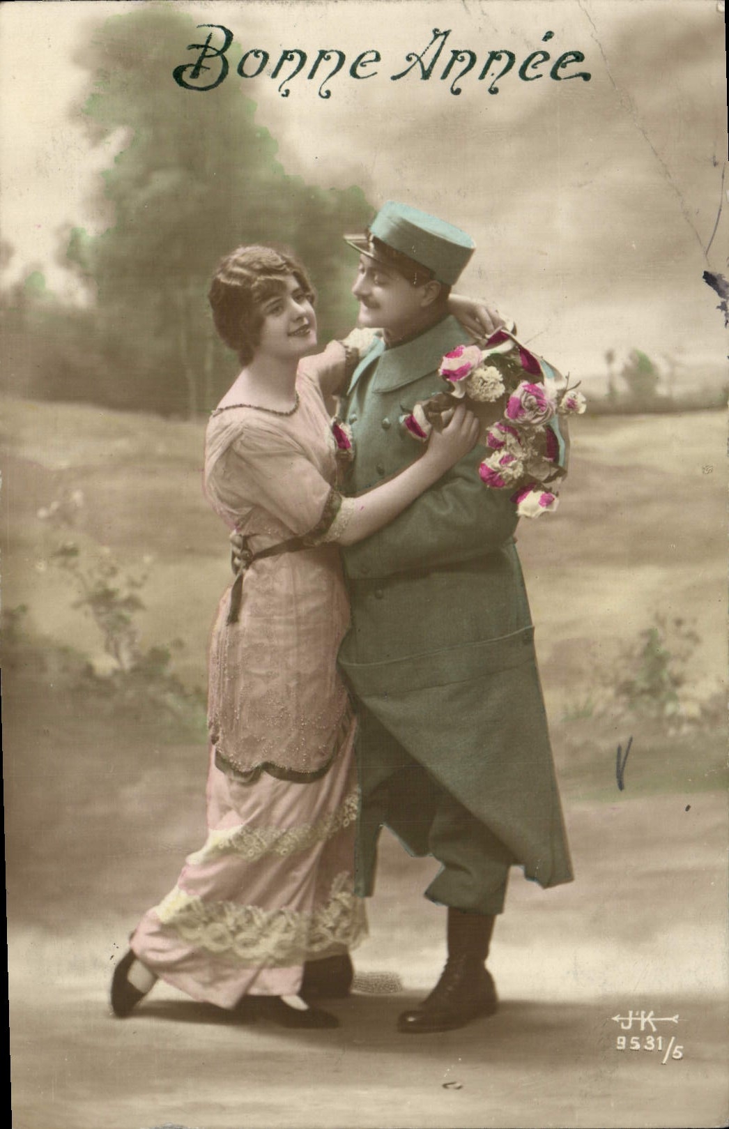 VINTAGE POSTCARD Happy New Year Woman Militaria Soldier