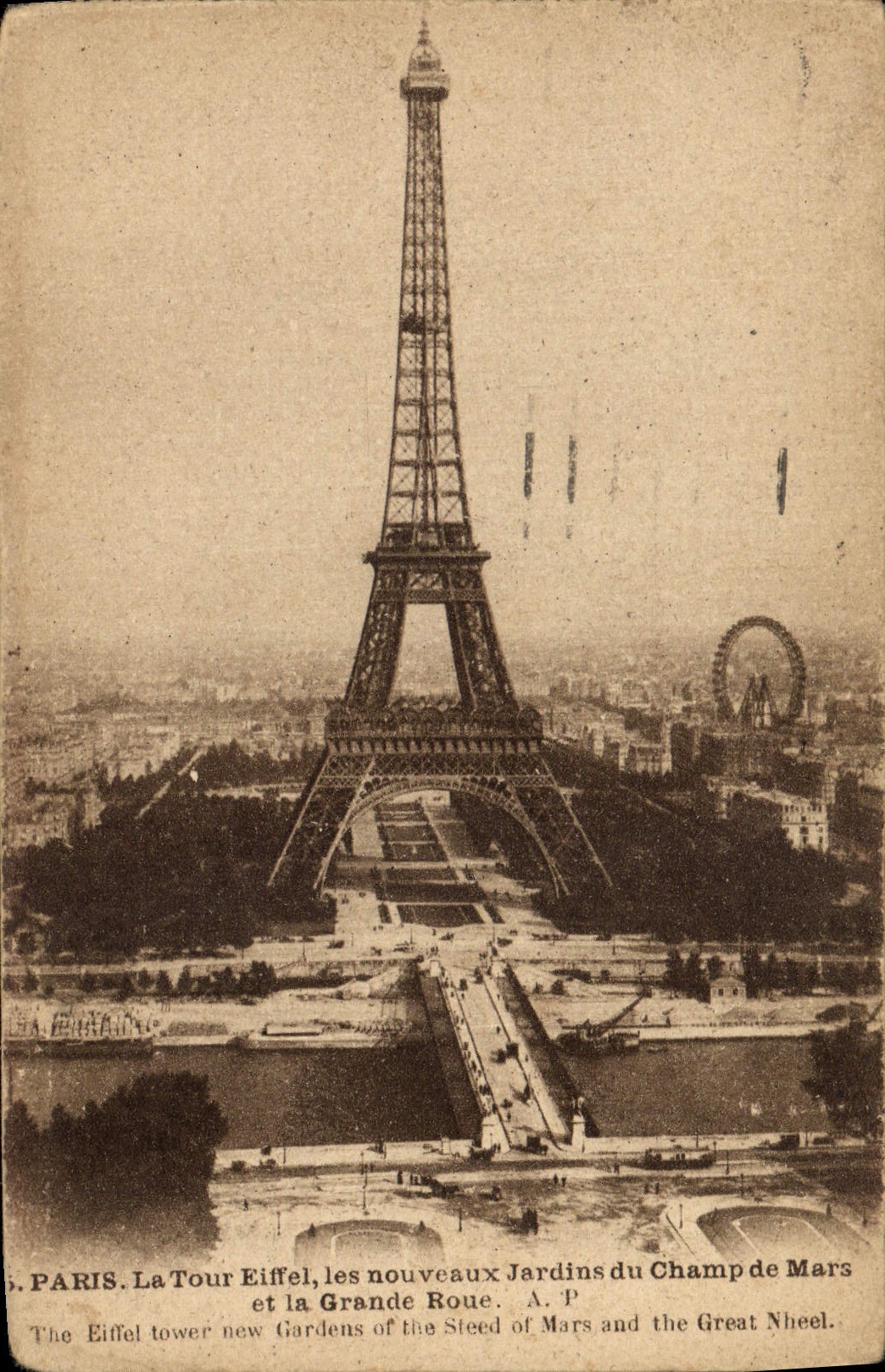 CPA Paris La Tour Eiffel Les Nouveaux jardins du Champ de Mars et la grande roue