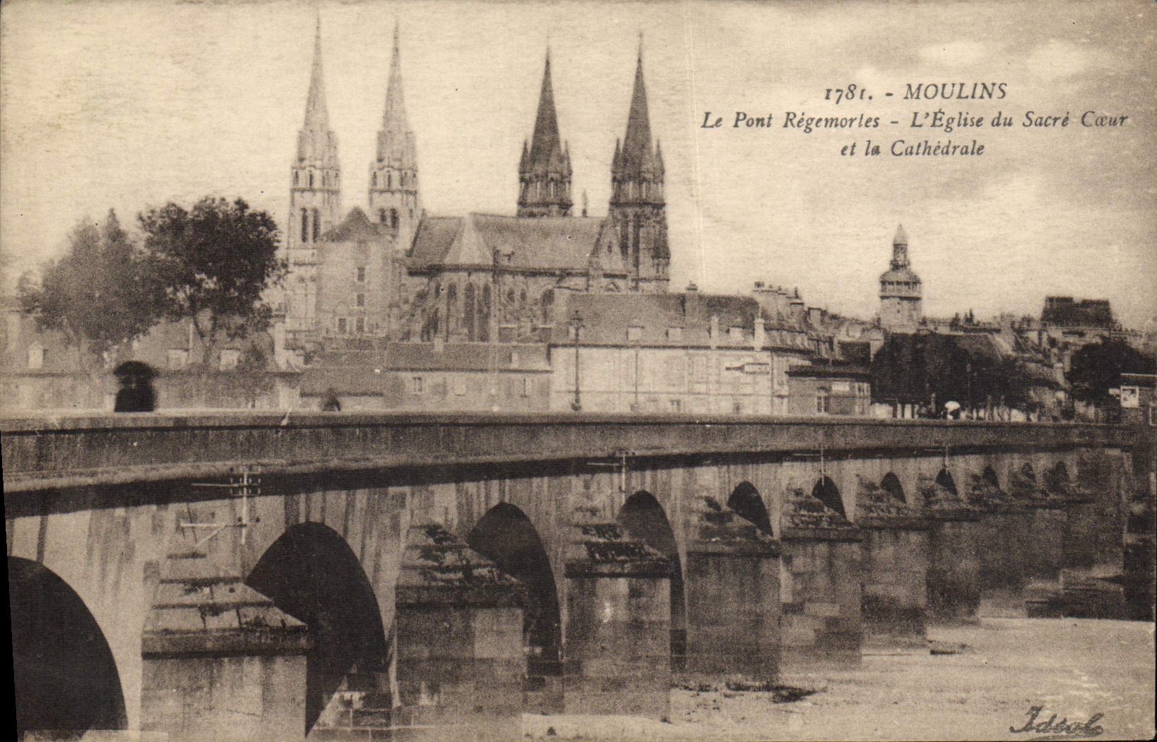 VINTAGE POSTCARD Moulins the Regemortes Bridge the Church Of the Sacring Heart and the cathedral