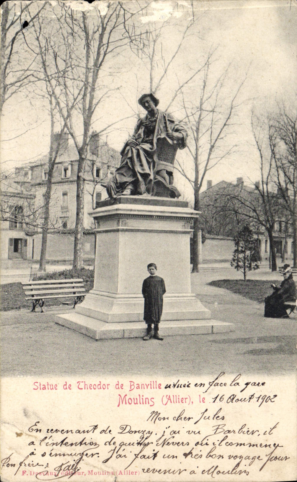 VINTAGE POSTCARD Statue De Theodor De Banville Moulins