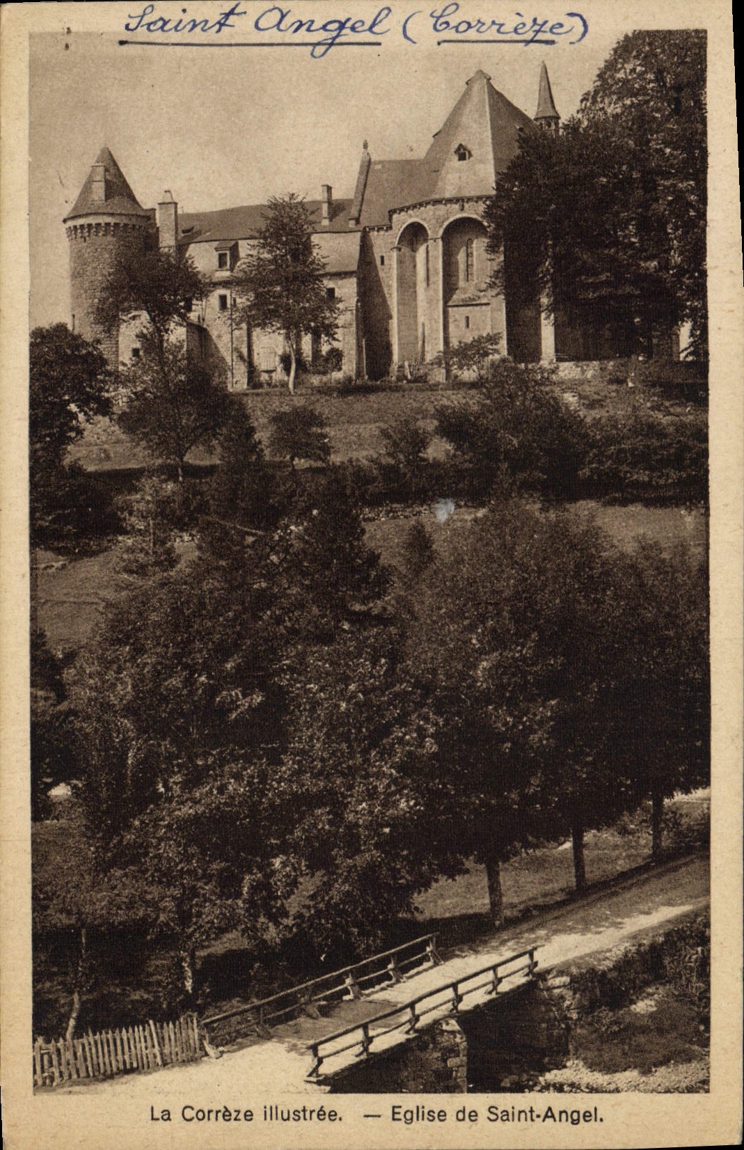 Iglesia ilustrada Correze de la POSTAL de la VENDIMIA del ángel Saint