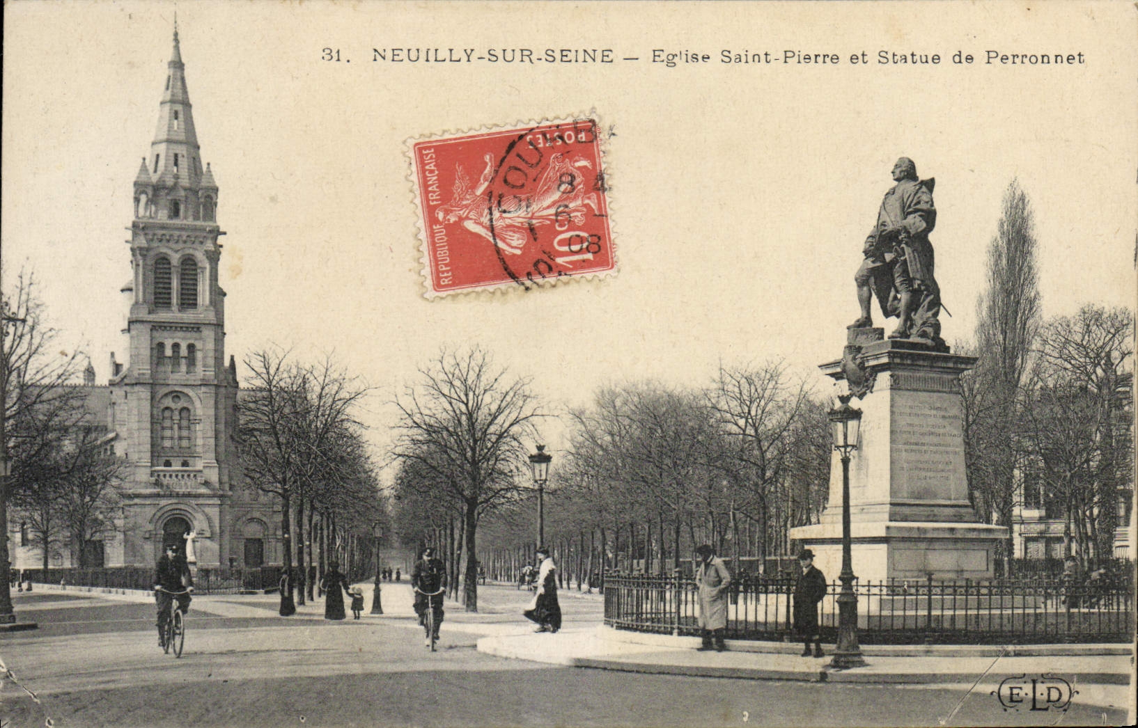 VINTAGE POSTCARD Neuilly sur Seine Church Saint Pierre And Statue De Perronnet