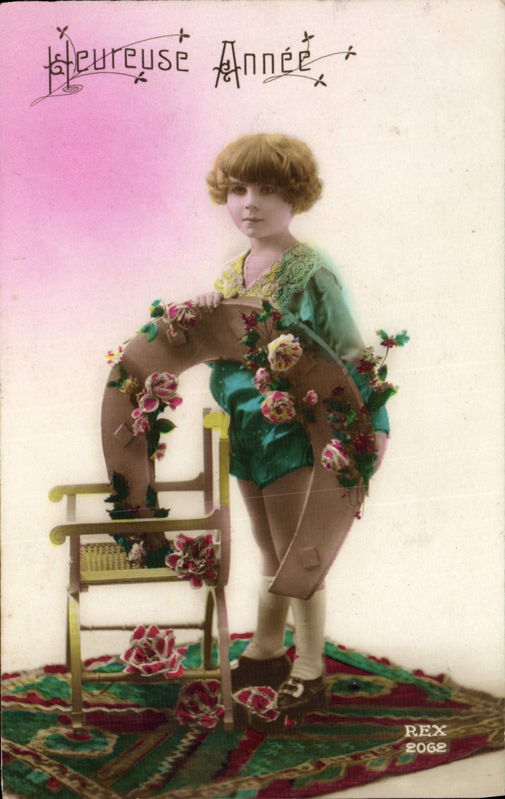 VINTAGE POSTCARD Heureuse Year Child Horseshoe