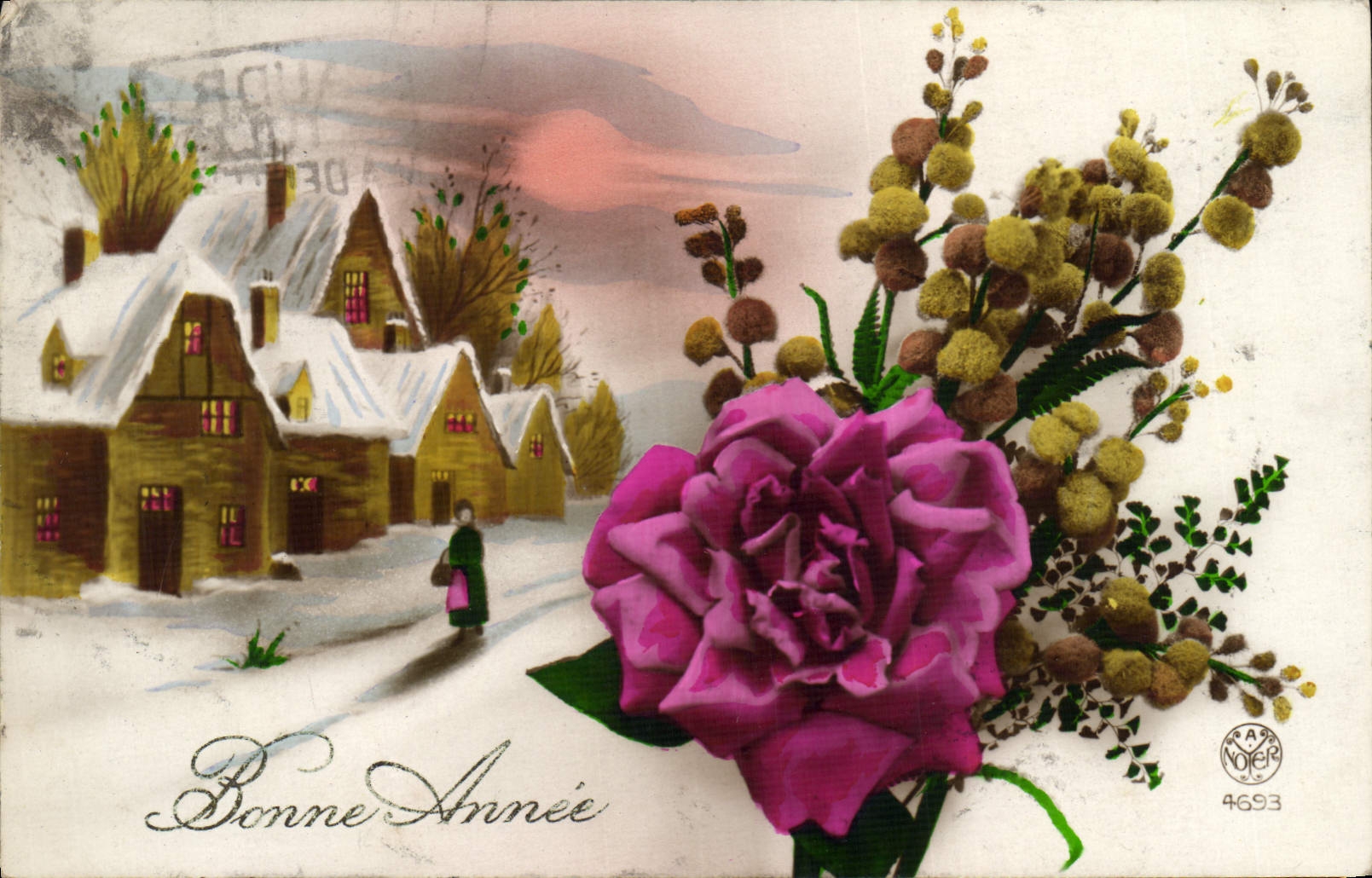 VINTAGE POSTCARD Happy New Year Fleurss