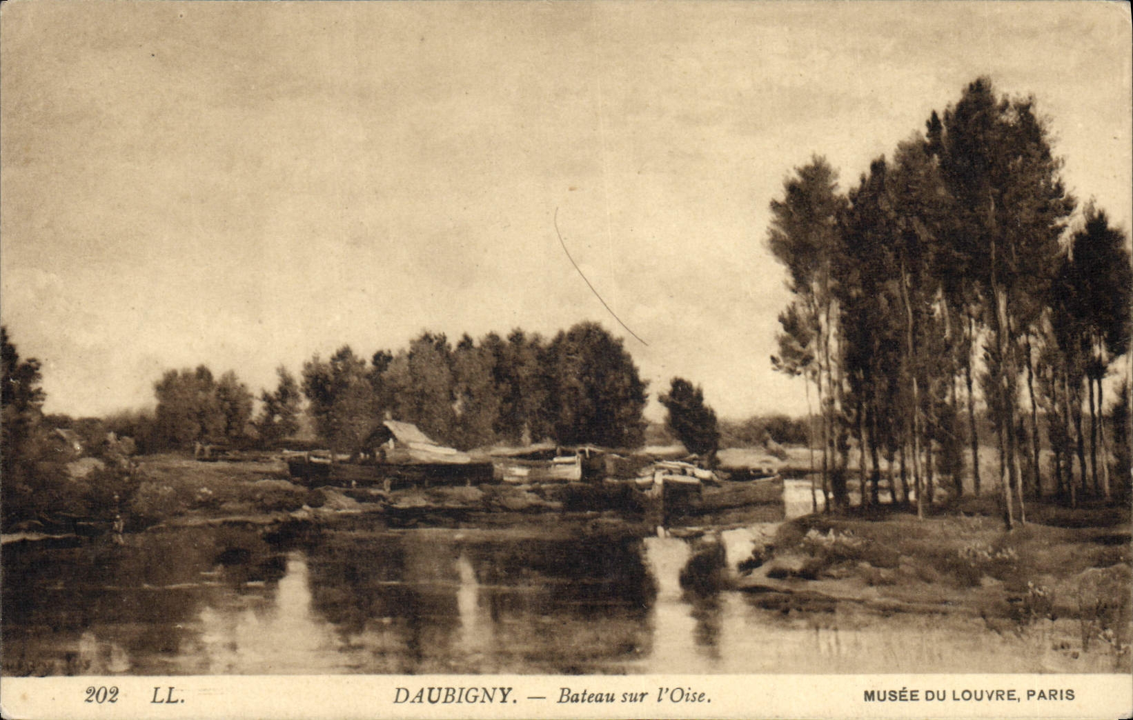 Barco de Daubigny de la POSTAL de la VENDIMIA en el museo de Oise París de la lumbrera