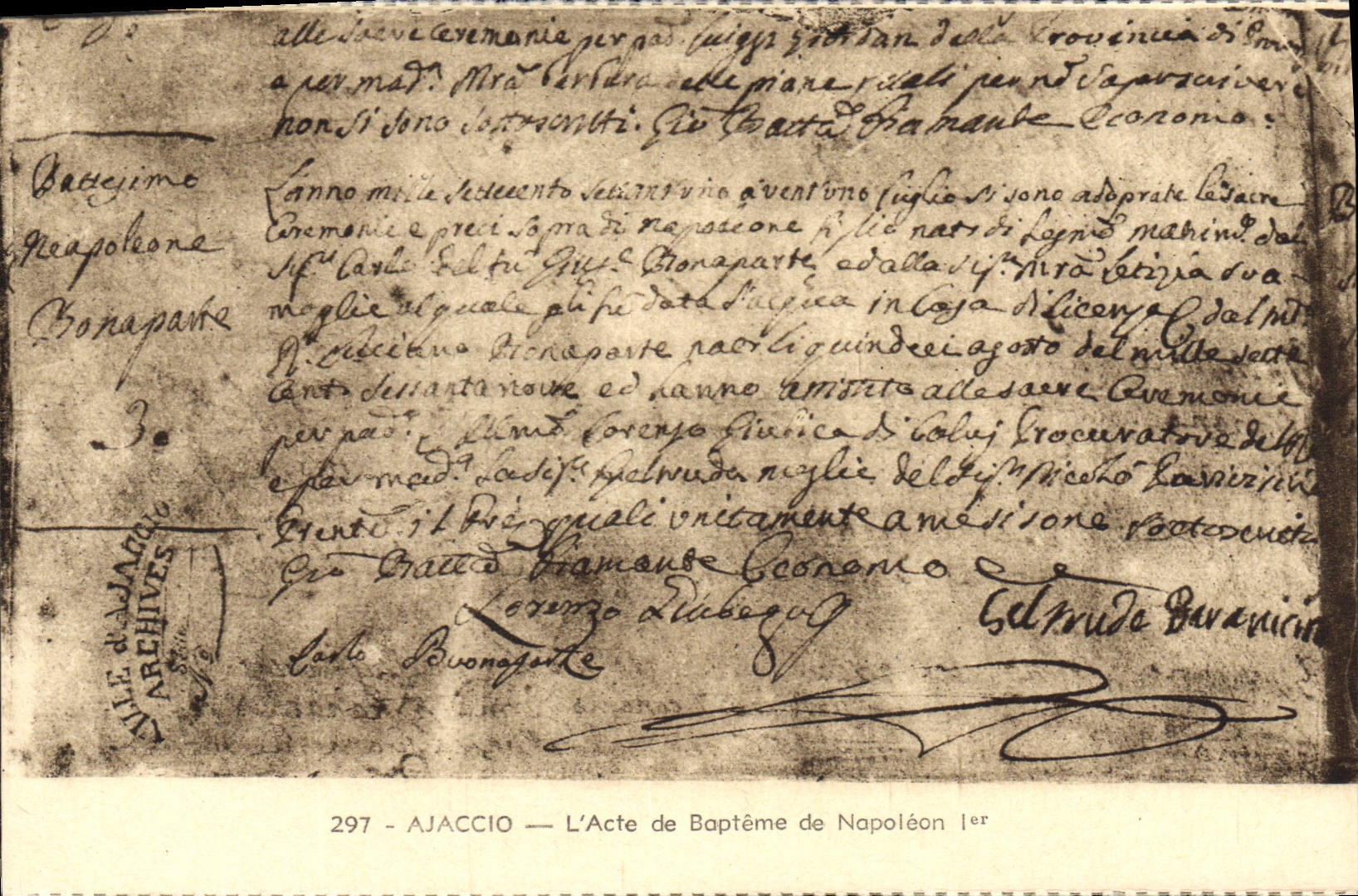 VINTAGE POSTCARD Ajaccio the Baptismal certificate Of Napoleon 1st