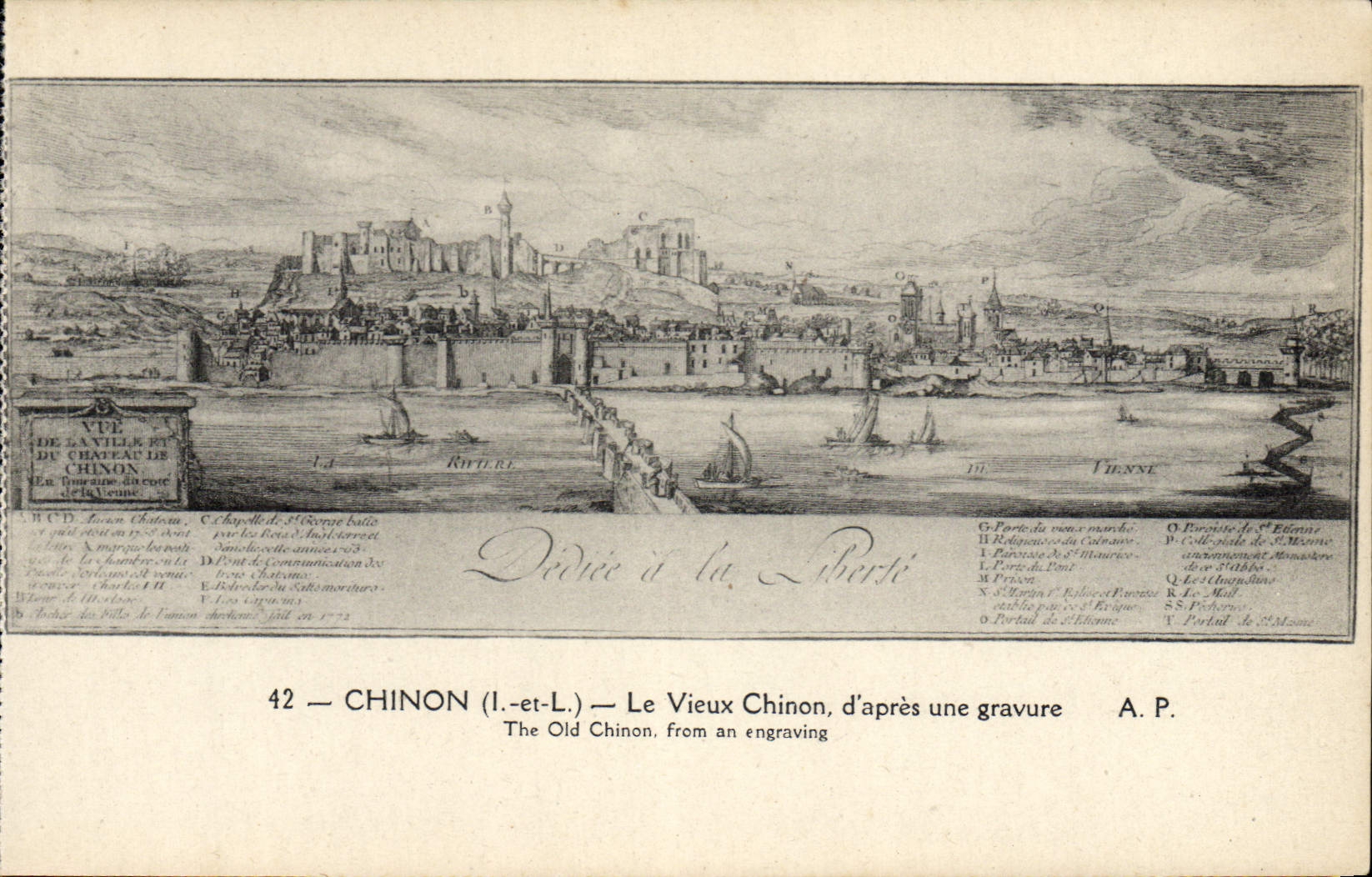 POSTAL Chinon de la VENDIMIA el viejo hombre según un grabado