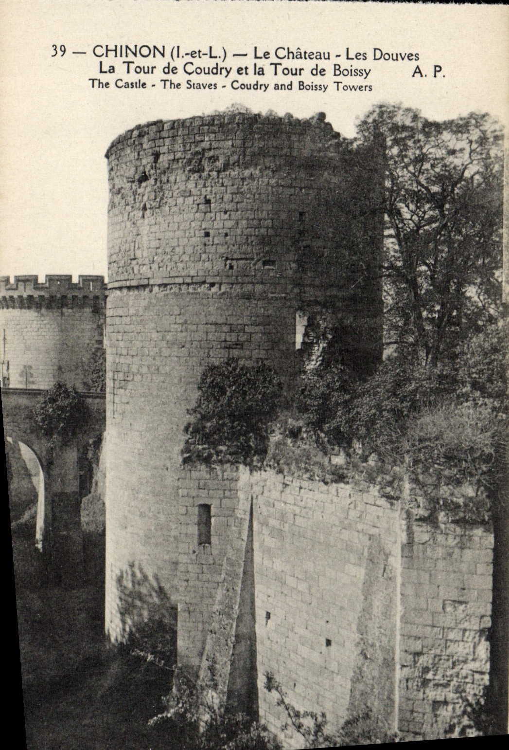 La POSTAL Chinon de la VENDIMIA el castillo abondona la torre de Coudry y la torre de Boissy