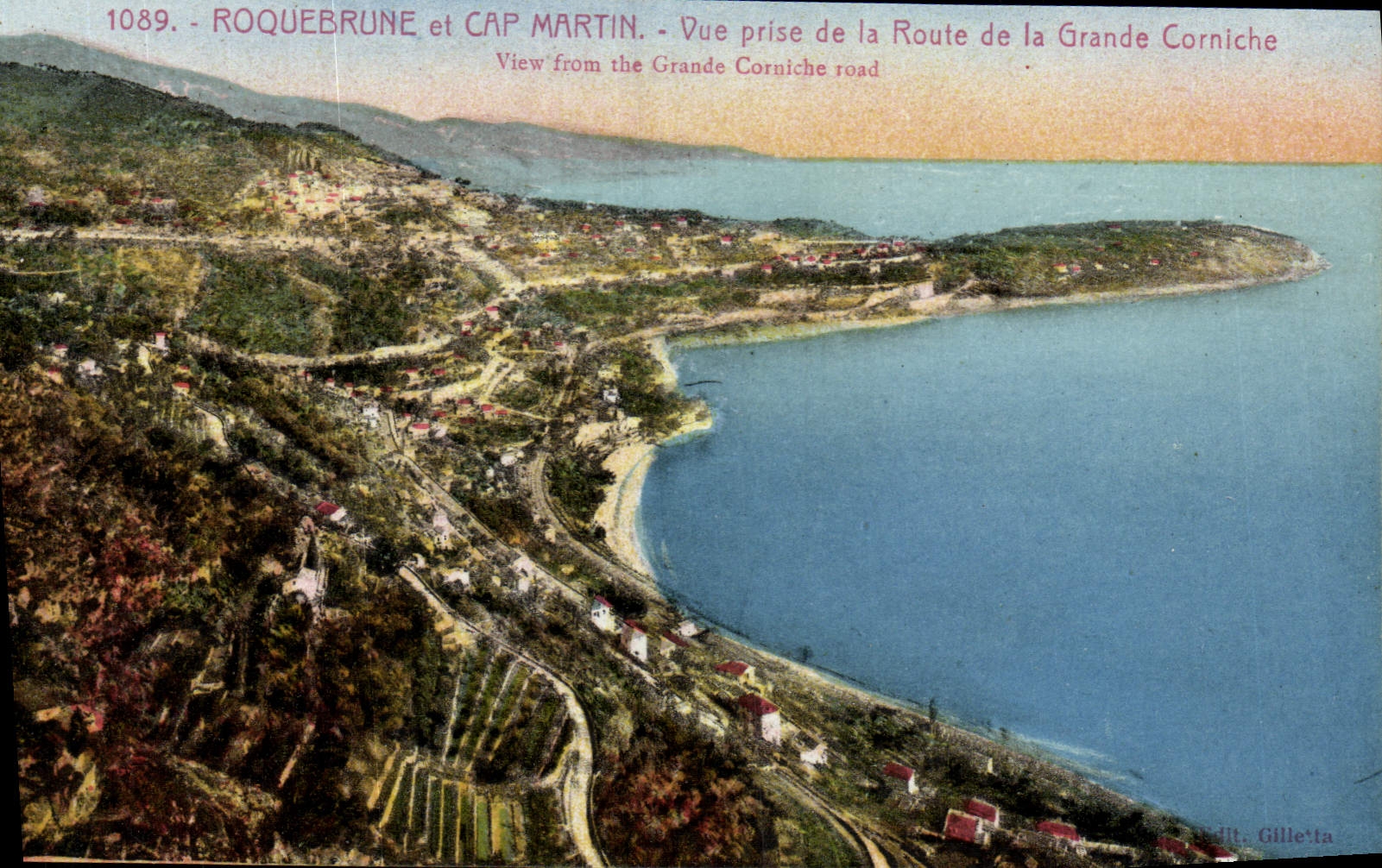 POSTAL Roquebrune de la VENDIMIA y cabo Martin vista del camino de la cornisa grande