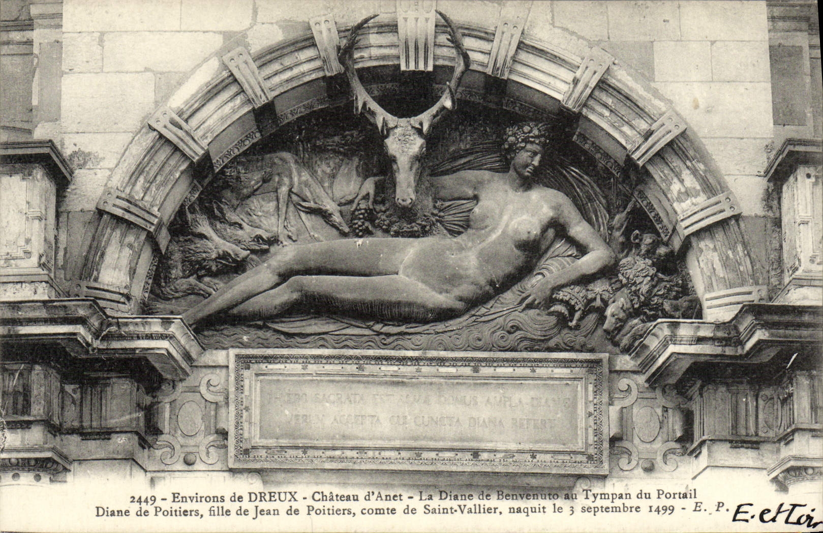 POSTAL Dreux Anet de la VENDIMIA el castillo el Diane del bienvenuto al tímpano de la puerta