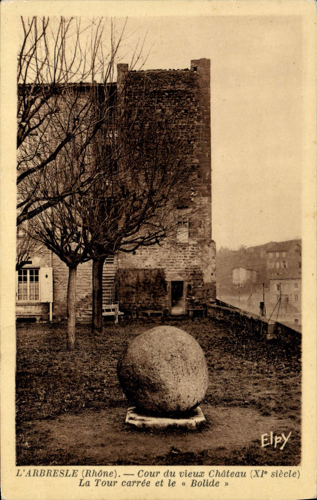 VINTAGE POSTCARD Arbresle Court Of the Old Castle the square tower and the racing car