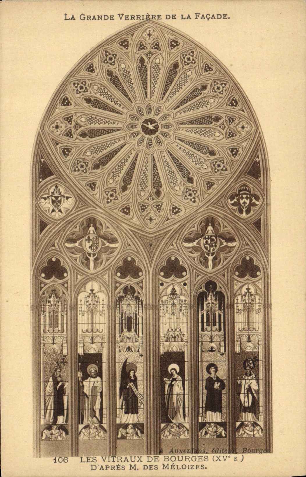 Vidrios manchados de la POSTAL de la VENDIMIA de Bourges según M de Meloizes