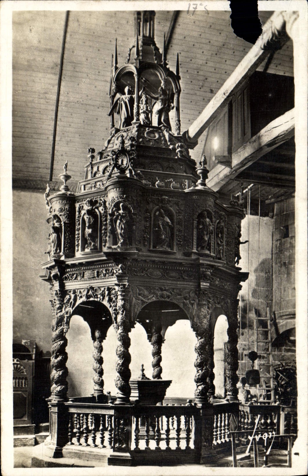 VINTAGE POSTCARD Interior Guimiliau of the Church the Baptistry