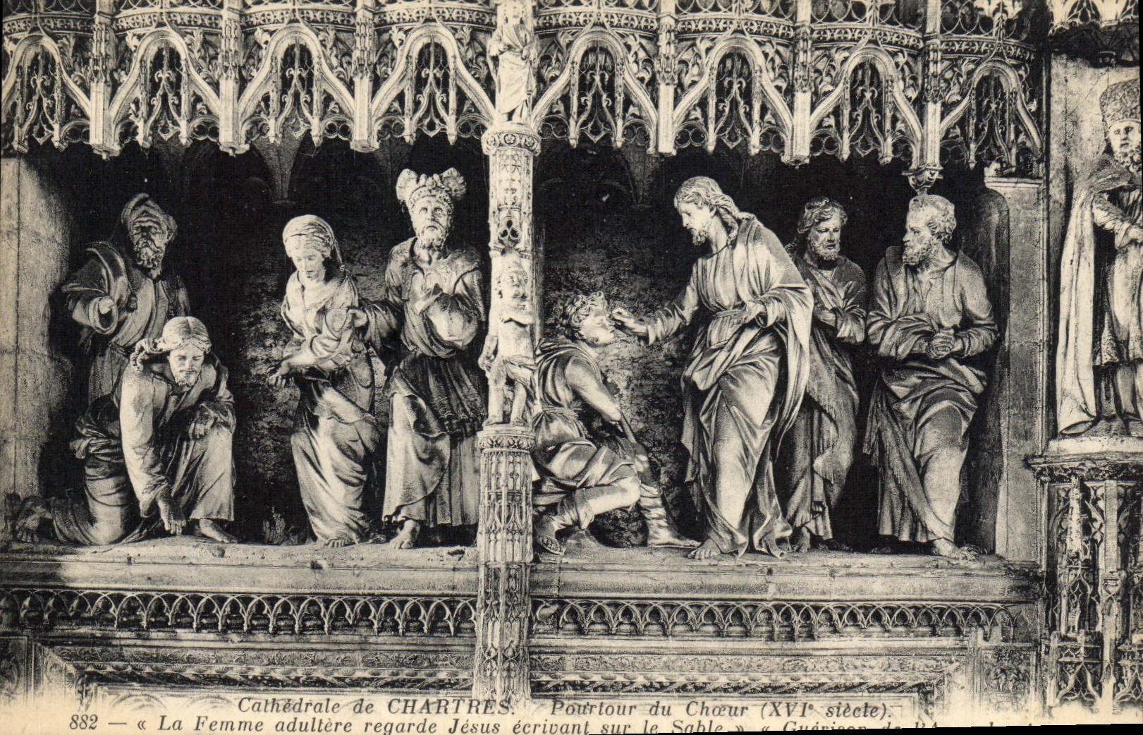 La POSTAL Chartres Pourtour de la VENDIMIA del estribillo la adúltera mira la escritura de Jesús en la arena