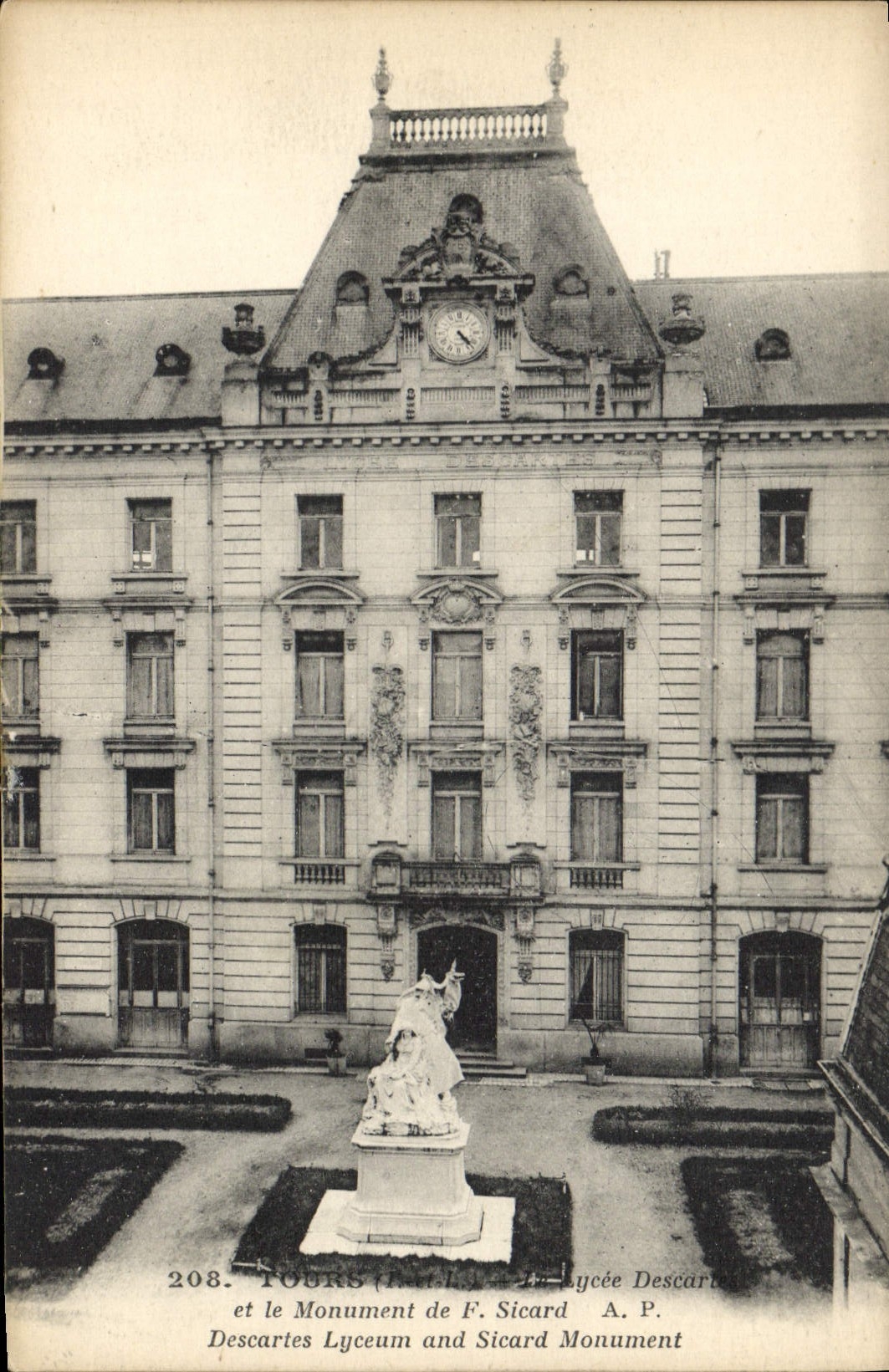VINTAGE POSTCARD Tours College Descartes and the monument of Sicard