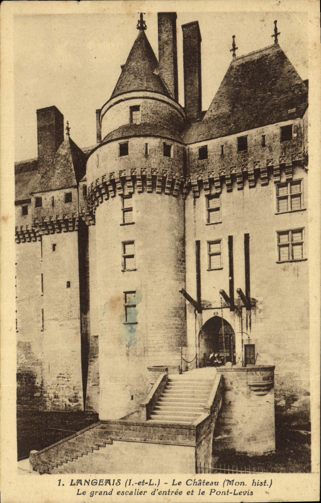 VINTAGE POSTCARD Langeais the Castle the Large Staircase Of Entry and the bridge levis