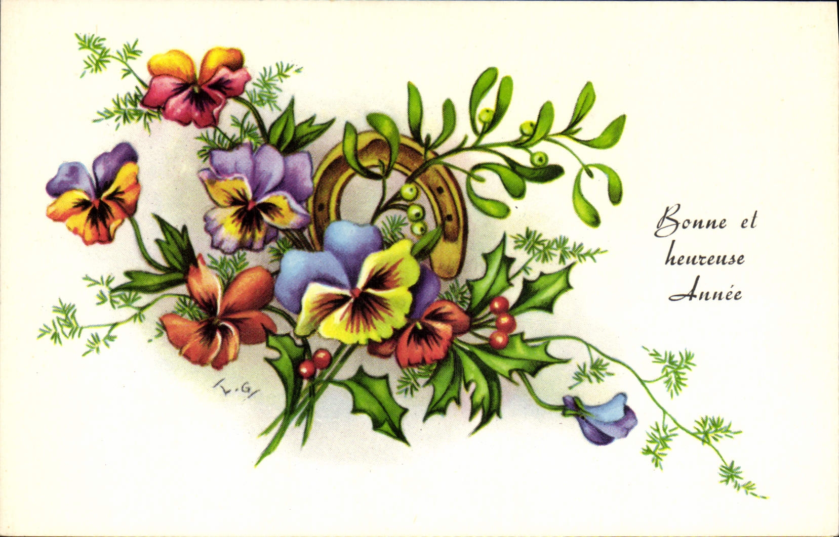 VINTAGE POSTCARD Good And Happy Year Flowers Horseshoe