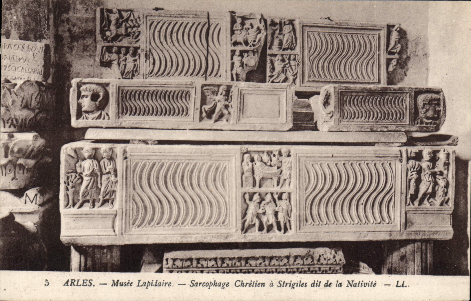 VINTAGE POSTCARD Arles Musee Lapilaire Sarcophage Christian has Strigiles called of the Nativity
