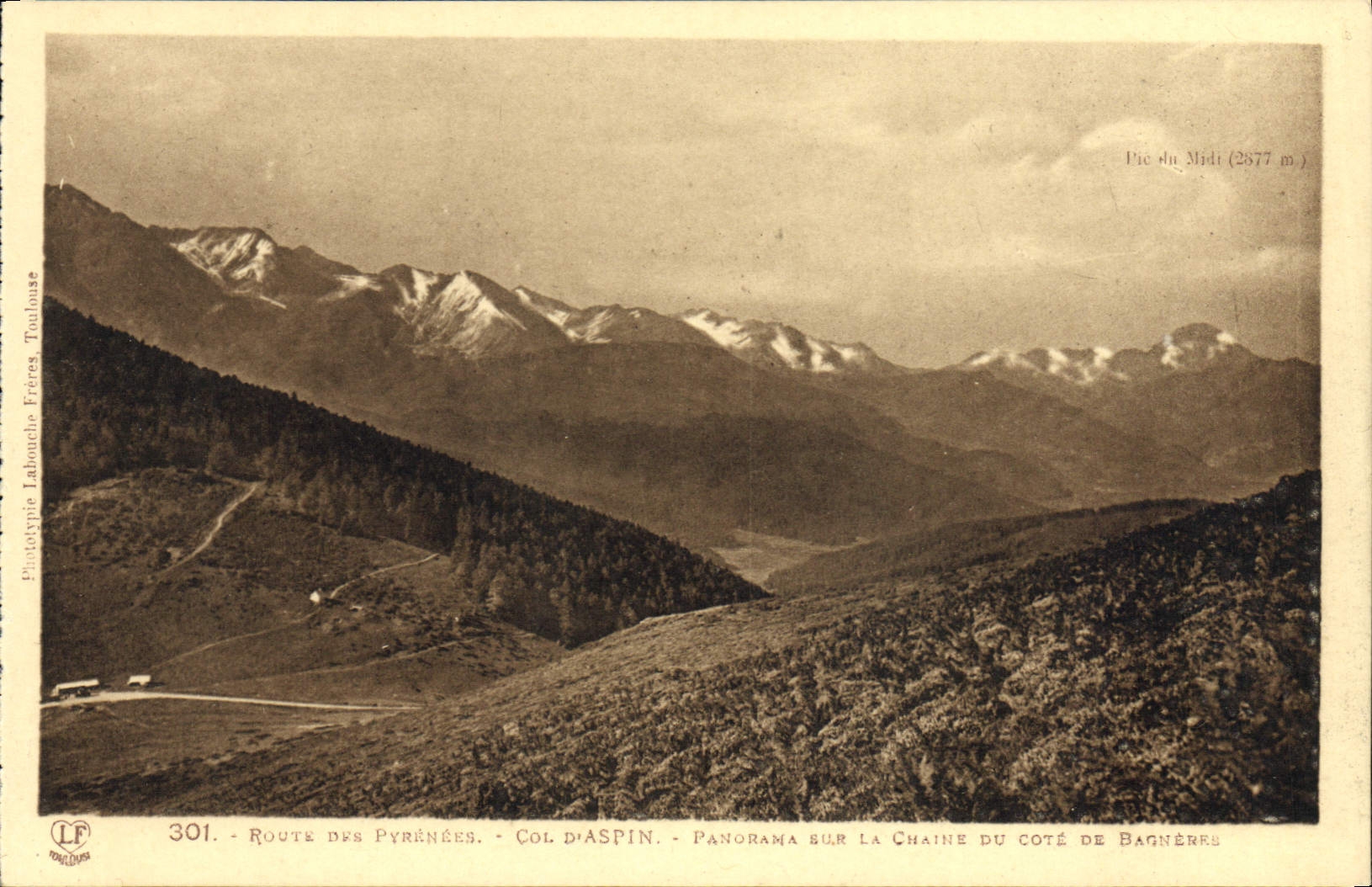 VINTAGE POSTCARD Road of the Pyrenees Panorama on the Chain of the dimension of Bagneres