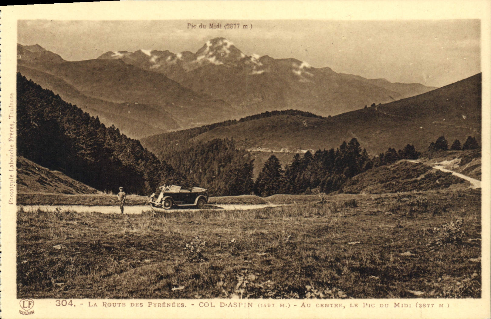 VINTAGE POSTCARD Road of the Pyrenees In the center the peak of the South