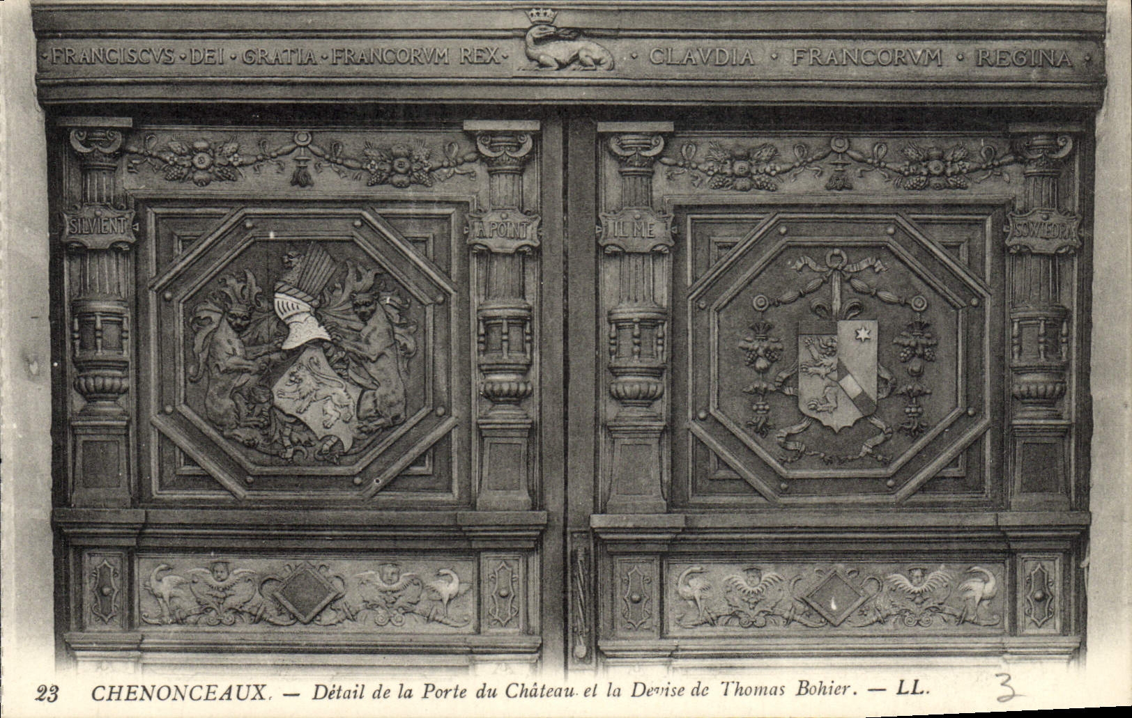 Detalle de Chenonceaux de la POSTAL de la VENDIMIA de la puerta del castillo y de la moneda de Thomas Bohier