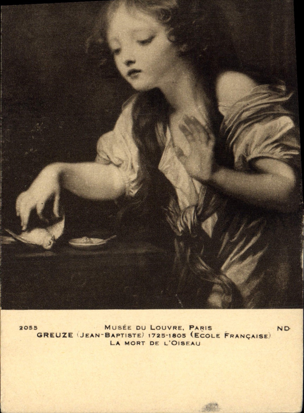 Museo de la POSTAL de la VENDIMIA de la lumbrera París Greuze la muerte del pájaro