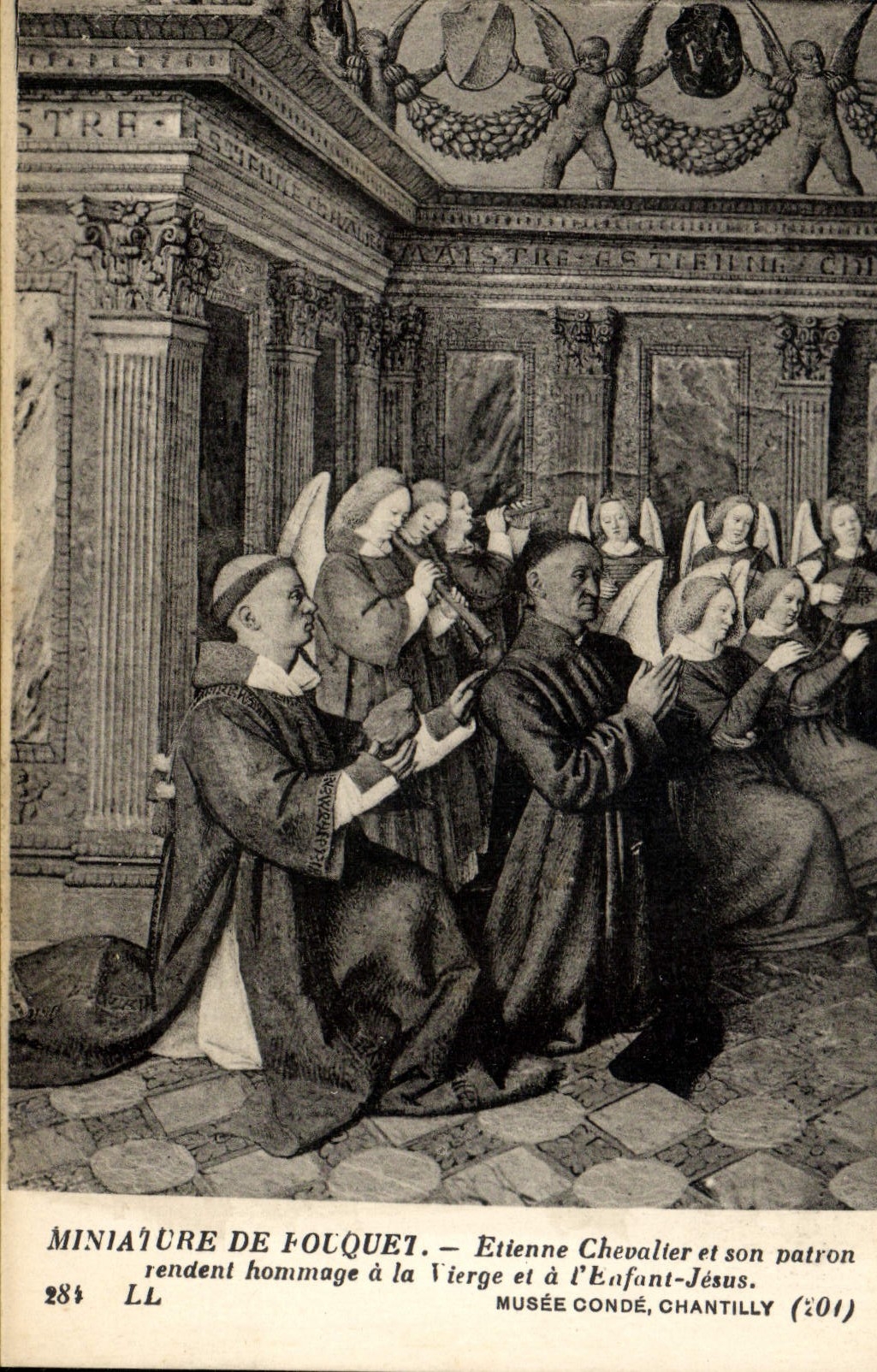La miniatura de la POSTAL de la VENDIMIA del caballero de Fouquet Etienne y su dueño pagan el poli de Musee Chantilly del homenaje