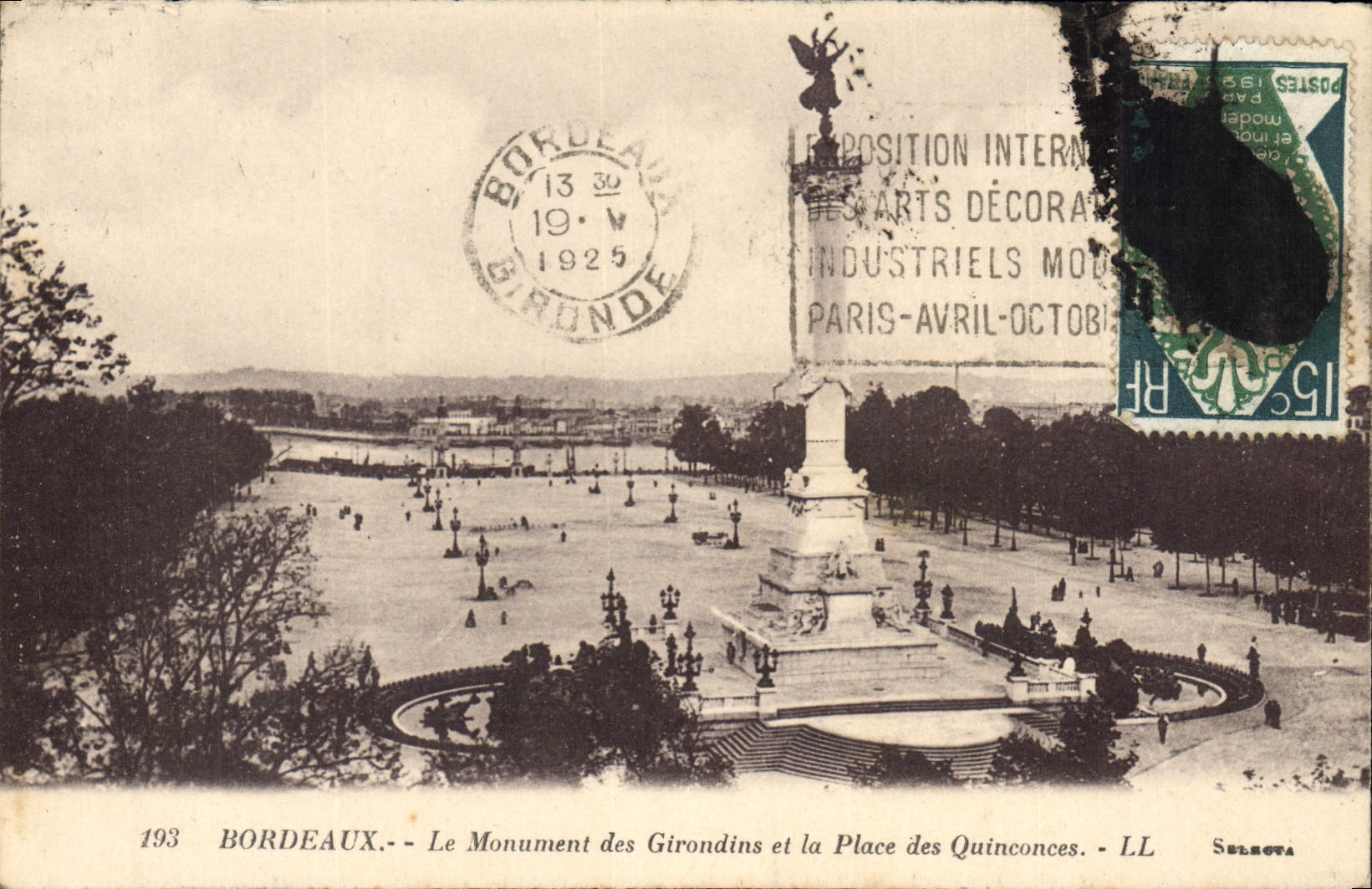 Burdeos de la POSTAL de la VENDIMIA el monumento de Gironda y del lugar del Quincunxes