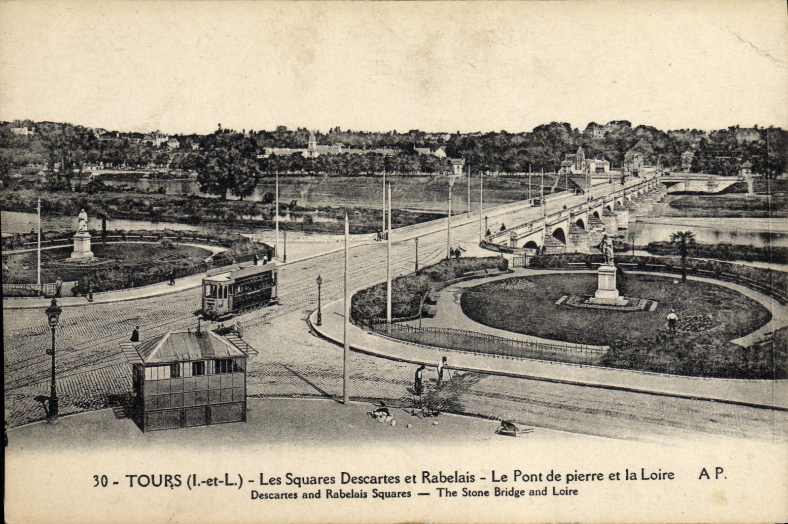 VINTAGE POSTCARD Tours the public gardens Descartes and Rabelais the stone bridge and the Loire