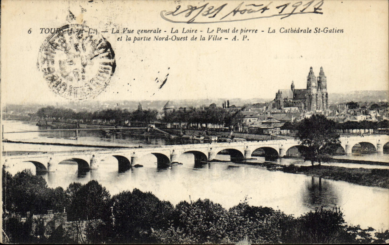 VINTAGE POSTCARD Tours View the Loire the stone bridge the cathedral St Gatien