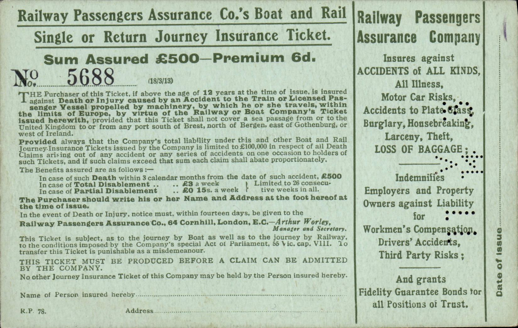 VINTAGE POSTCARD Railway Passengers Insurance Company Train Insurance TOP