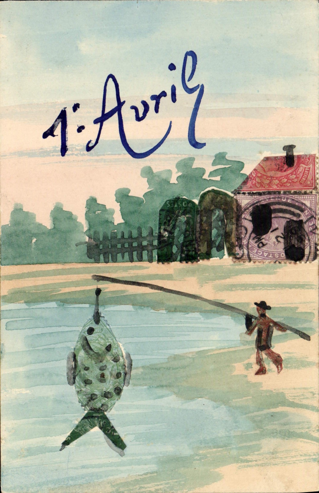 CPA Timbres 1er Avril Poisson Peche Pecheur