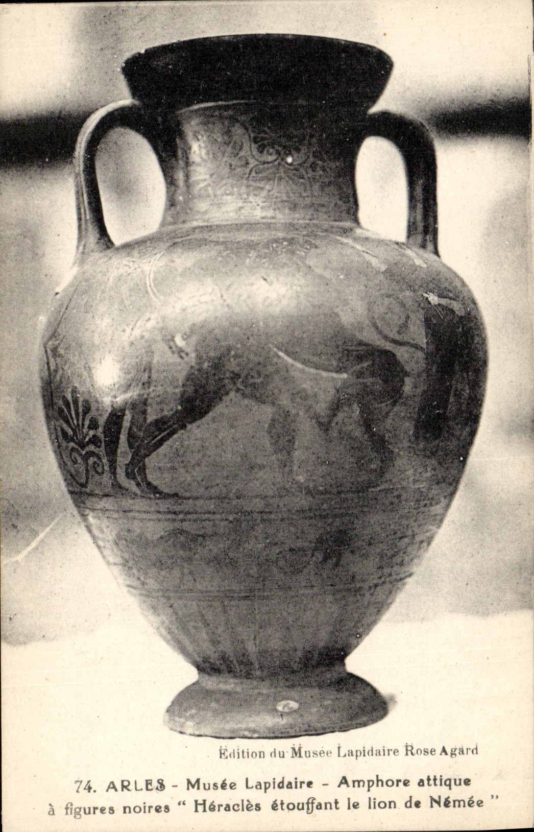 El ático sucinto del Amphora de Faincerie Arles Musee del Faience de la POSTAL de la VENDIMIA tiene figuras negras Heracles el estrangular del león de Nemee