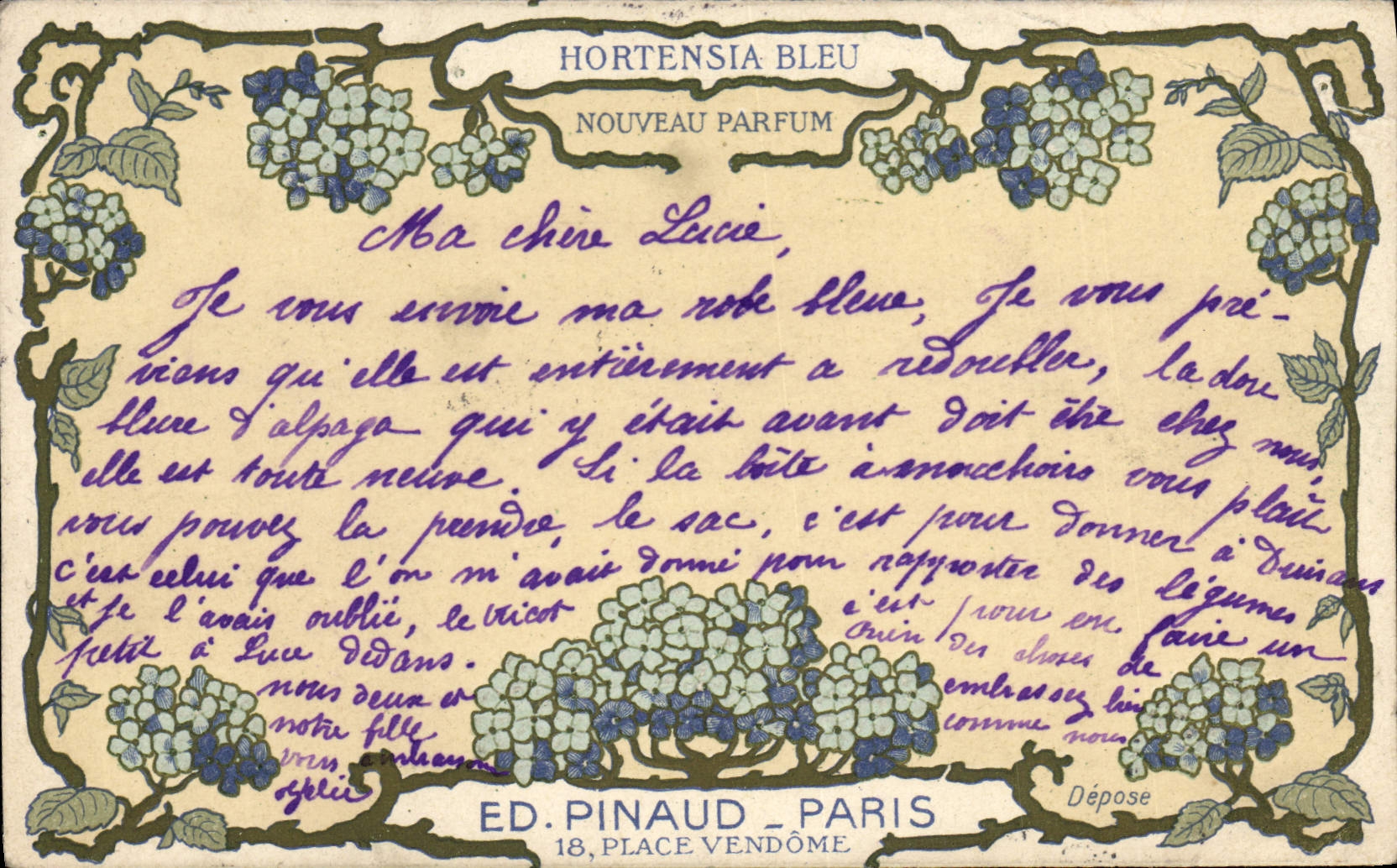 VINTAGE POSTCARD Parfurmerie Parfum Blue Hydrangea Pinaud Paris Places Vendome TOP