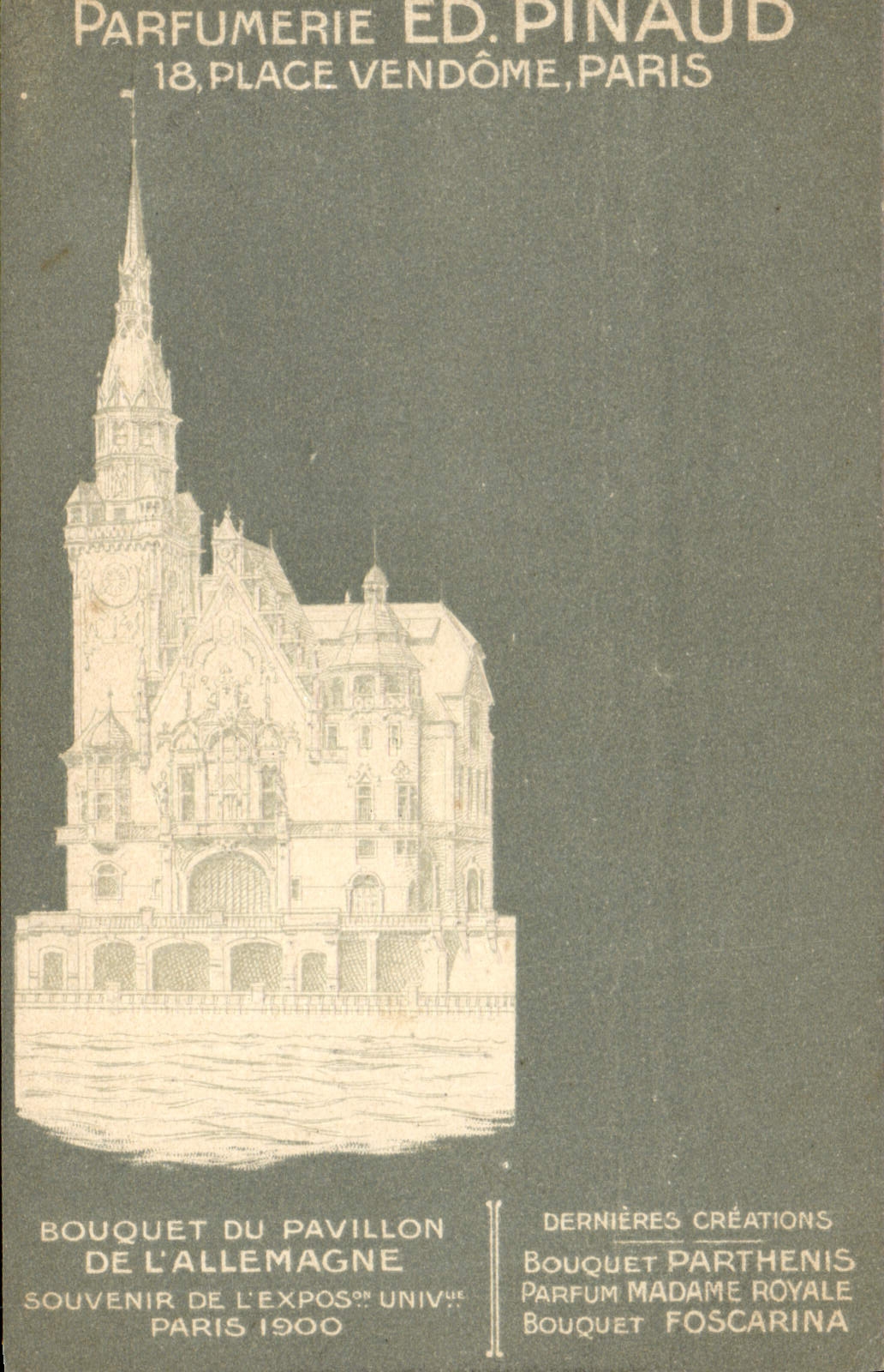 VINTAGE POSTCARD Parfurmerie Parfum Pinaud Places Vendome Paris Bouquet of the house of Germany World Fair 1900