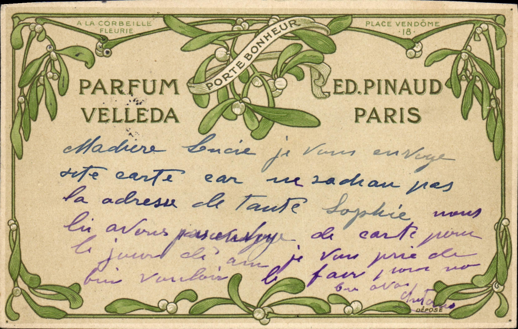 VINTAGE POSTCARD Parfurmerie Parfum Velleda Pinaud Places Vendome Paris
