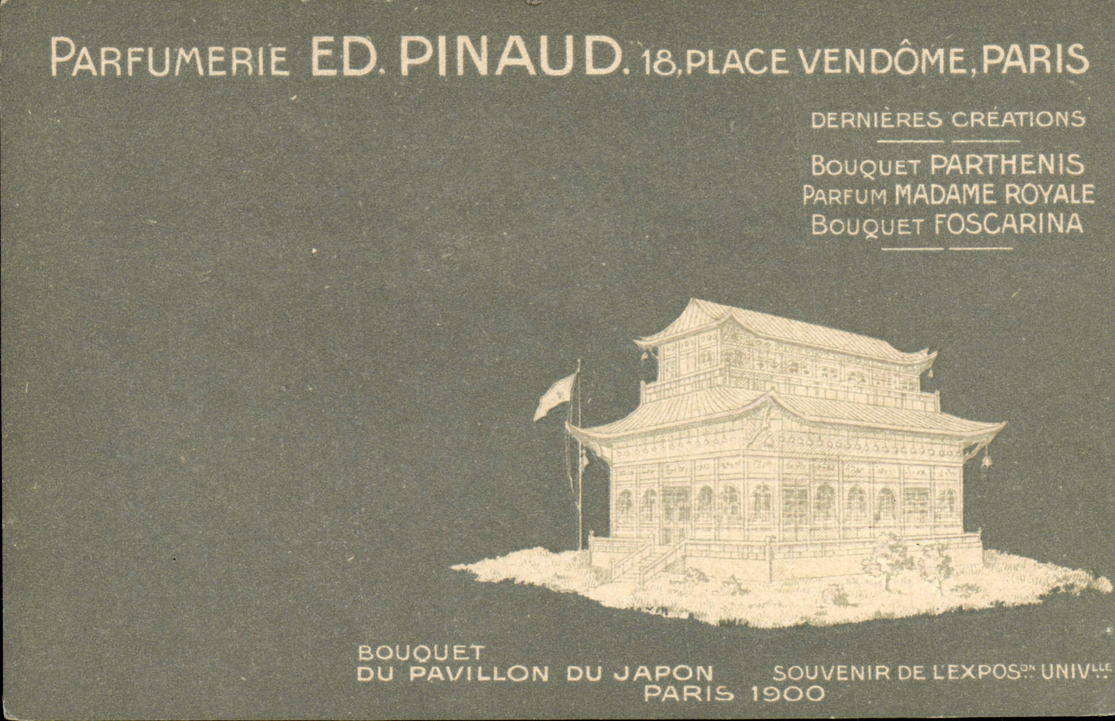 VINTAGE POSTCARD Parfurmerie Parfum Pinaud World Fair Places Vendome Paris Pavillon of Japanese Japan Paris 1900