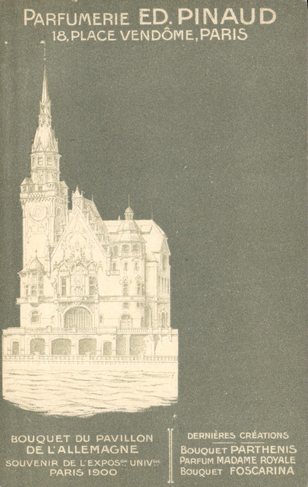 VINTAGE POSTCARD Parfurmerie Parfum Pinaud Places Vendome Paris Pavillon of Germany World Fair Paris 1900