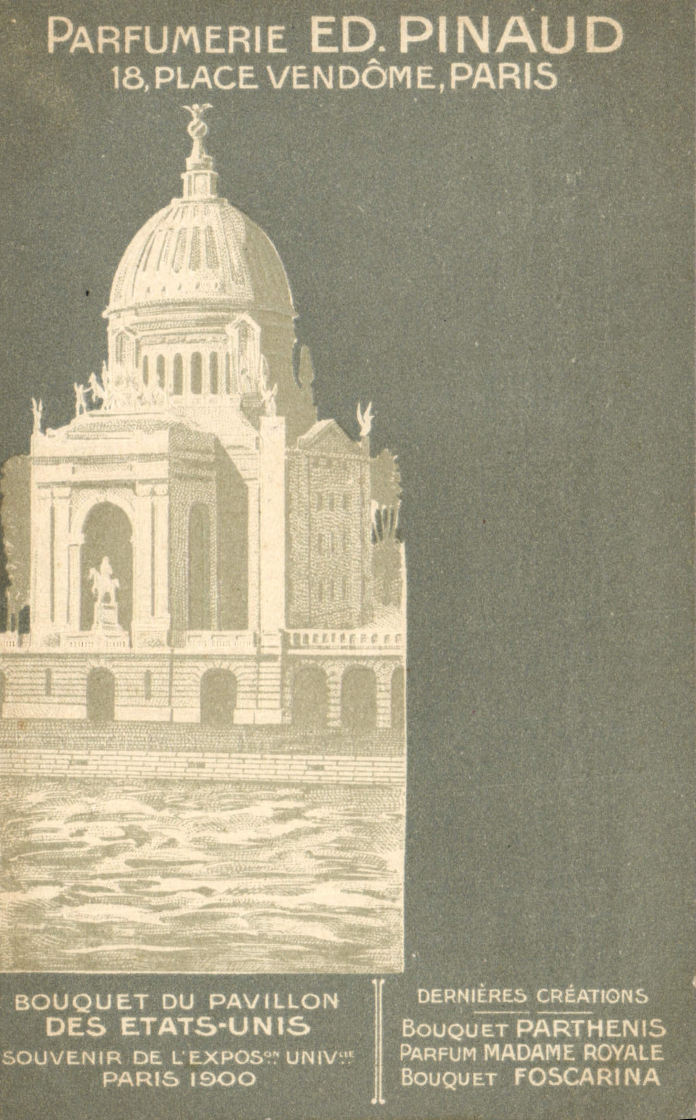 VINTAGE POSTCARD Parfurmerie Parfum Pinaud World Fair Places Vendome Paris Pavillon of the United States Paris 1900