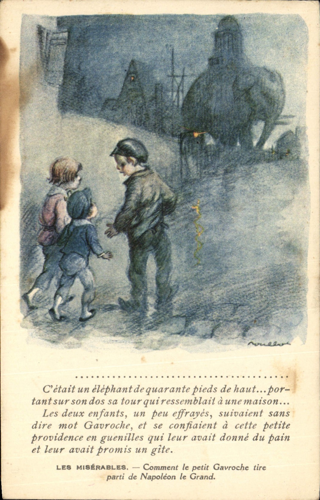 CPA Fantaisie Illustrateur Poulbot Victor Hugo Les Miserables Gavoche Elephant Napoleon