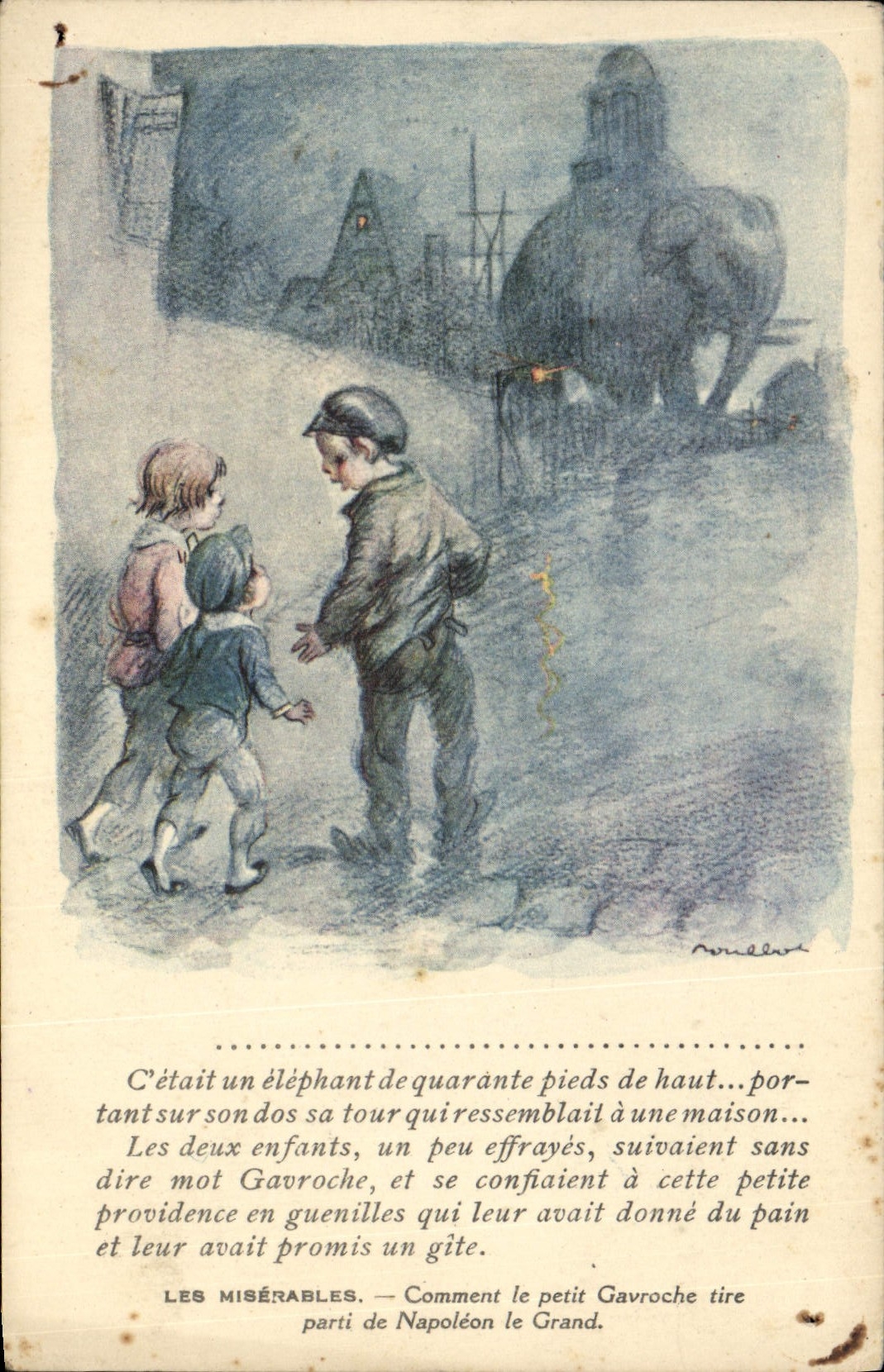 CPA Fantaisie Illustrateur Poulbot Victor Hugo Les Miserables Gavoche Elephant Napoleon