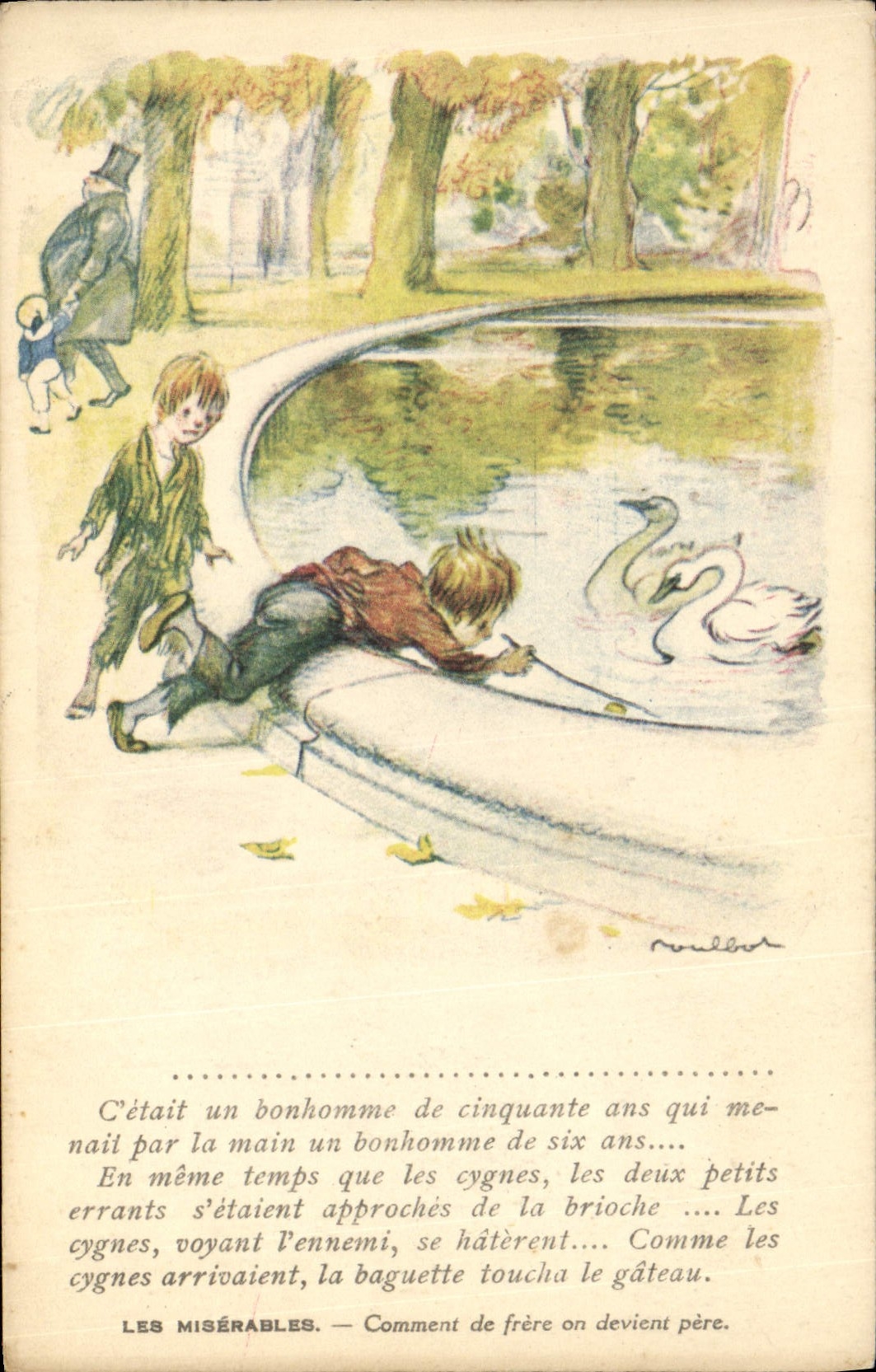 CPA Fantaisie Illustrateur Poulbot Victor Hugo Les Miserables Cygne Swan