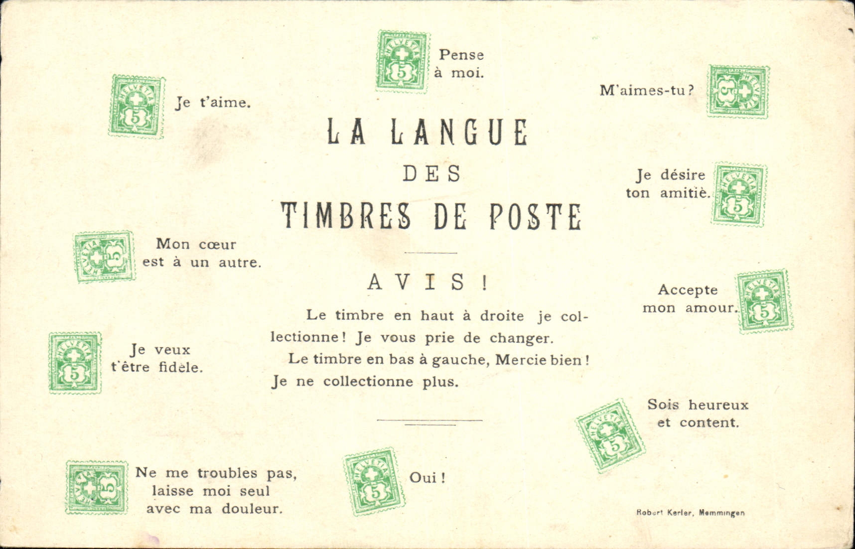 VINTAGE POSTCARD the language of the stamps of Swiss Station